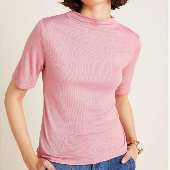 NWT Large en elly Anthropologie Shari Top Pink Mock Neck 70s mad Men blouse rib - Picture 1 of 11